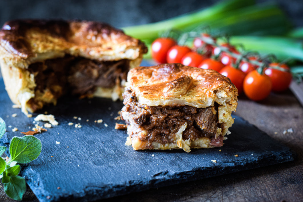 Venison, cranberry, beef and red wine pie