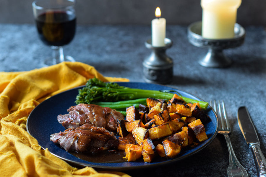 Pan-Fried Grouse with Roasted Sweet Potatoes, Pancetta and Sticky Sherry-Soy Sauce Recipe