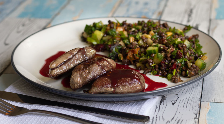 Pigeon with Spicy Berry Sauce and Lentil Salad