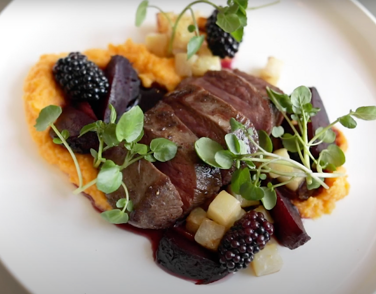 Venison Loin with Pickled Blackberries and Root Vegetables Video