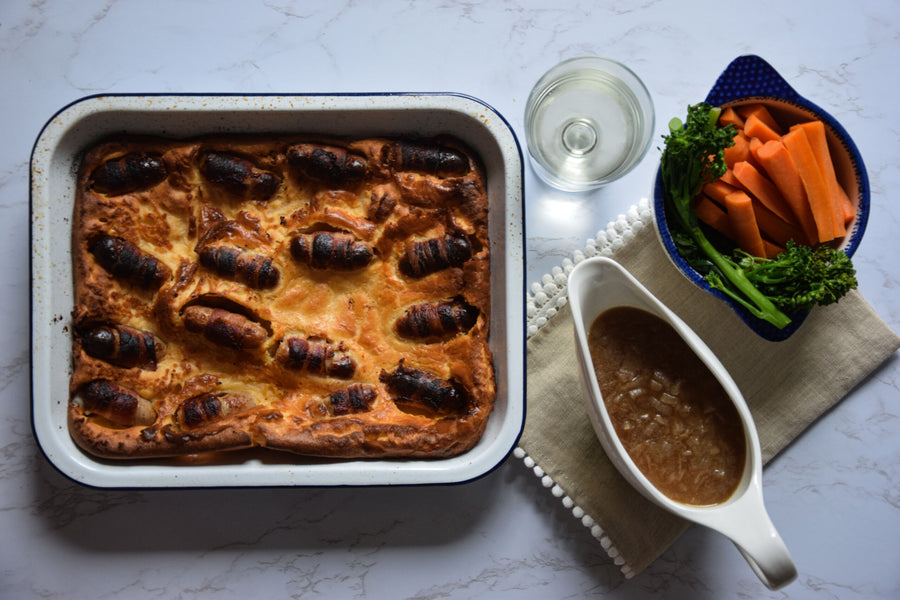 Toad in the Hole Made with Leftover Pigs in Blankets, with Onion Gravy Recipe